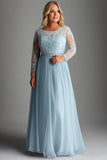 Sky Blue Plus Size A Line Long Mother of the Bride Dress with Lace Appliques