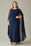 Navy Plus Size Chiffon Mother of the Bride Dress with Maxi Cape