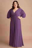 Plum Plus Size V-Neck Chiffon Long Mother of the Bride Dress