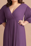 Plum Plus Size V-Neck Chiffon Long Mother of the Bride Dress