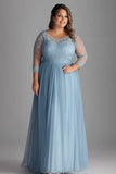 Plus Size Sky Blue Long Tulle Mother of the Bride Dress with Lace