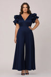 Navy Plus Size V-Neck Chiffon Loose Mother of the Bride Jumpsuit