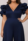Navy Plus Size V-Neck Chiffon Loose Mother of the Bride Jumpsuit