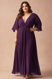 Dark Purple Plus Size V-Neck Chiffon Long Mother of the Bride Dress