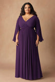 Plus Size Dark Purple V-Neck Chiffon Pleated Mother of the Bride Dress