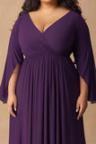Plus Size Dark Purple V-Neck Chiffon Pleated Mother of the Bride Dress