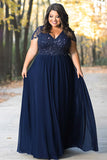 Navy Plus Size Cap Sleeves A Line Long Mother of the Bride Dress with Lace