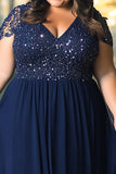 Navy Plus Size Cap Sleeves A Line Long Mother of the Bride Dress with Lace