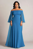 Plus Size Blue Chiffon Flutter Sleeves A Line Mother of the Bride Dress