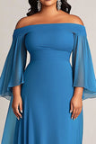 Plus Size Blue Chiffon Flutter Sleeves A Line Mother of the Bride Dress