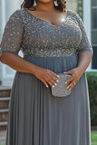 Grey Beaded A Line Half Sleeves Plus Size Mother of the Bride Dress