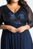 Plus Size Navy A Line V-Neck Long Mother of the Bride Dress with Sequins