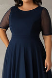 Navy Scoop A Line Flowy Plus Size Mother of the Bride Dress