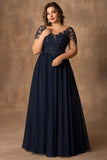 Navy A Line Plus Size Long Mother of the Bride Dress with Lace Applique