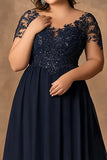 Navy A Line Plus Size Long Mother of the Bride Dress with Lace Applique