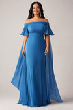 Blue Flutter Sleeves Chiffon Plus Size Long Mother of the Bride Dress
