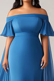 Blue Flutter Sleeves Chiffon Plus Size Long Mother of the Bride Dress