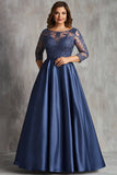 Navy Satin A Line Plus Size Long Mother of the Bride Dress with Embroidery