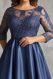 Navy Satin A Line Plus Size Long Mother of the Bride Dress with Embroidery