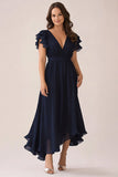 Navy V-Neck Chiffon A Line Plus Size Mother of the Bride Dress with Ruffles