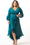 Peacock V-Neck Ruffled Plus Size Asymmetrical Mother of the Bride Dress