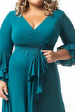 Peacock V-Neck Ruffled Plus Size Asymmetrical Mother of the Bride Dress