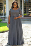 Grey A Line Applique Pleated Plus Size Long Mother of the Bride Dress
