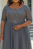 Grey A Line Applique Pleated Plus Size Long Mother of the Bride Dress