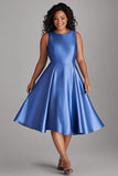 A Line Blue Satin Plus Size Midi Petite Mother of the Bride Dress