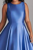 A Line Blue Satin Plus Size Midi Petite Mother of the Bride Dress