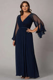 Navy V-Neck Long Plus Size Mother of the Bride Dress with Sheer Sleeves