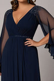 Navy V-Neck Long Plus Size Mother of the Bride Dress with Sheer Sleeves