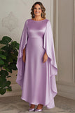 Elegant Lilac Satin Long Plus Size Mother of the Bride Dress with Cape