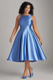 A Line Blue Satin Ankle-Length Plus Size Mother of the Bride Dress