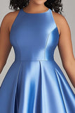 A Line Blue Satin Ankle-Length Plus Size Mother of the Bride Dress