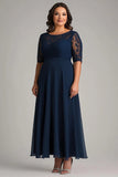 Navy Half Sleeves A Line Plus Size Mother of the Bride Dress with Lace