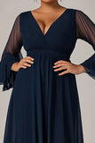 Navy V-Neck Chiffon Plus Size Mother of the Bride Dress with Long Sheer Sleeves