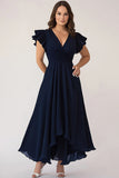 V Neck Navy A Line Long Plus Size Mother of the Bride Dress with Ruffles