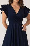 V Neck Navy A Line Long Plus Size Mother of the Bride Dress with Ruffles