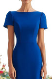 Royal Blue Short Sleeves Sheath Satin Long Mother of the Bride Dress