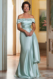 Mint Off the Shoulder Sheath Satin Long Mother of the Bride Dress