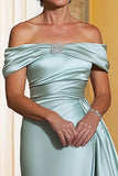 Mint Off the Shoulder Sheath Satin Long Mother of the Bride Dress