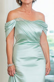 Mint Sheath Satin Off the Shoulder Maxi Mother of the Bride Dress