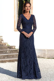 Navy V-Neck Long Sleeves Sheath Lace Mother of the Bride Dress