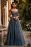 Grey Blue A Line Appliqued Cap Sleeves Tulle Long Mother of the Bride Dress