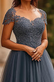 Grey Blue A Line Appliqued Cap Sleeves Tulle Long Mother of the Bride Dress