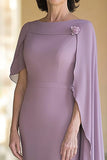 Lilac Sheath Chiffon Long Mother of the Bride Dress with Ruffled Shawl