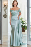 Mint Mermaid Satin Off the Shoulder Watteau Train Mother of the Bride Dress
