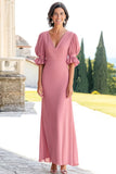 Pink A Line Chiffon V-Neck Long Mother of the Bride Dress