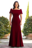 Burgundy A Line Satin Long Mother of the Bride Dress with Short Sleeves